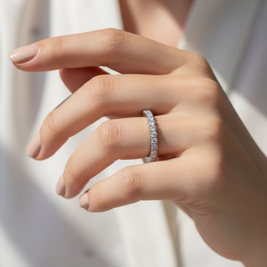 Eternity Ring Rhodium Plated 925 Sterling Silver Moissanite 1.5mm